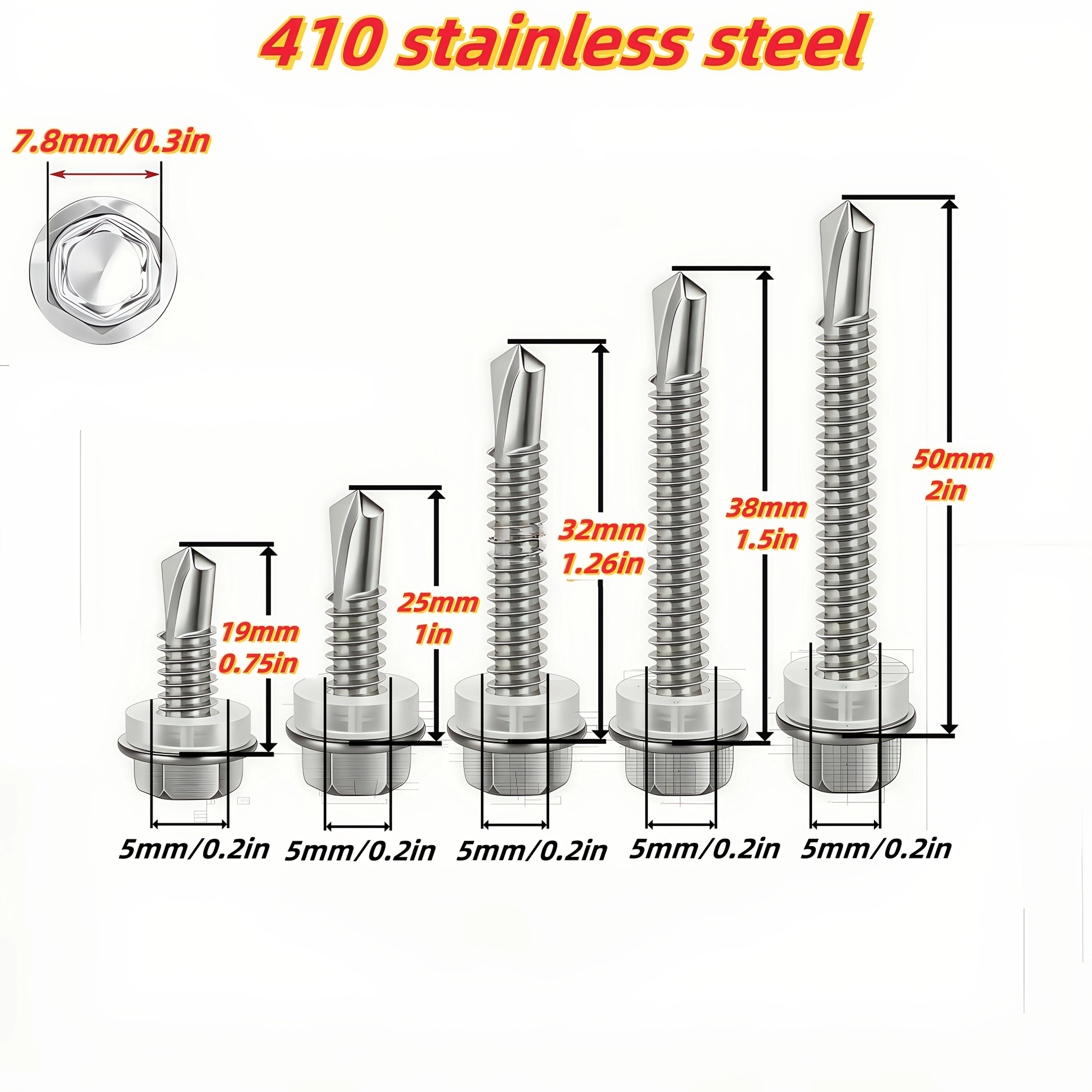 100pcs 410 Stainless Steel Magnetic Hex Washer Head TEK Self-Tapping