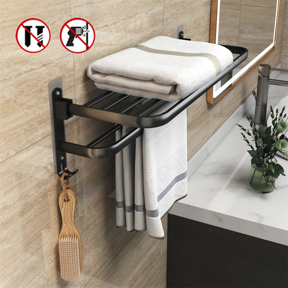 Matte Black 50CM Folding Holder With Hook Towel Holder Wall Mount