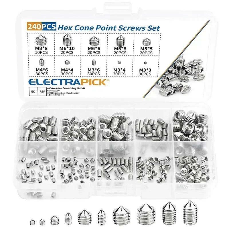 240pcs Stainless Steel Hex Socket Screw Set M3/M4/M5/M6/M8 Grub