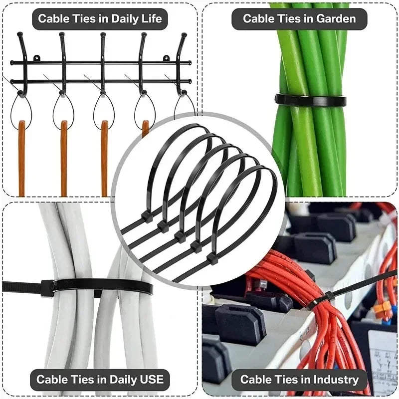 1000/100Pcs Nylon Cable Ties Self-locking Cord Ties Straps Adjustable
