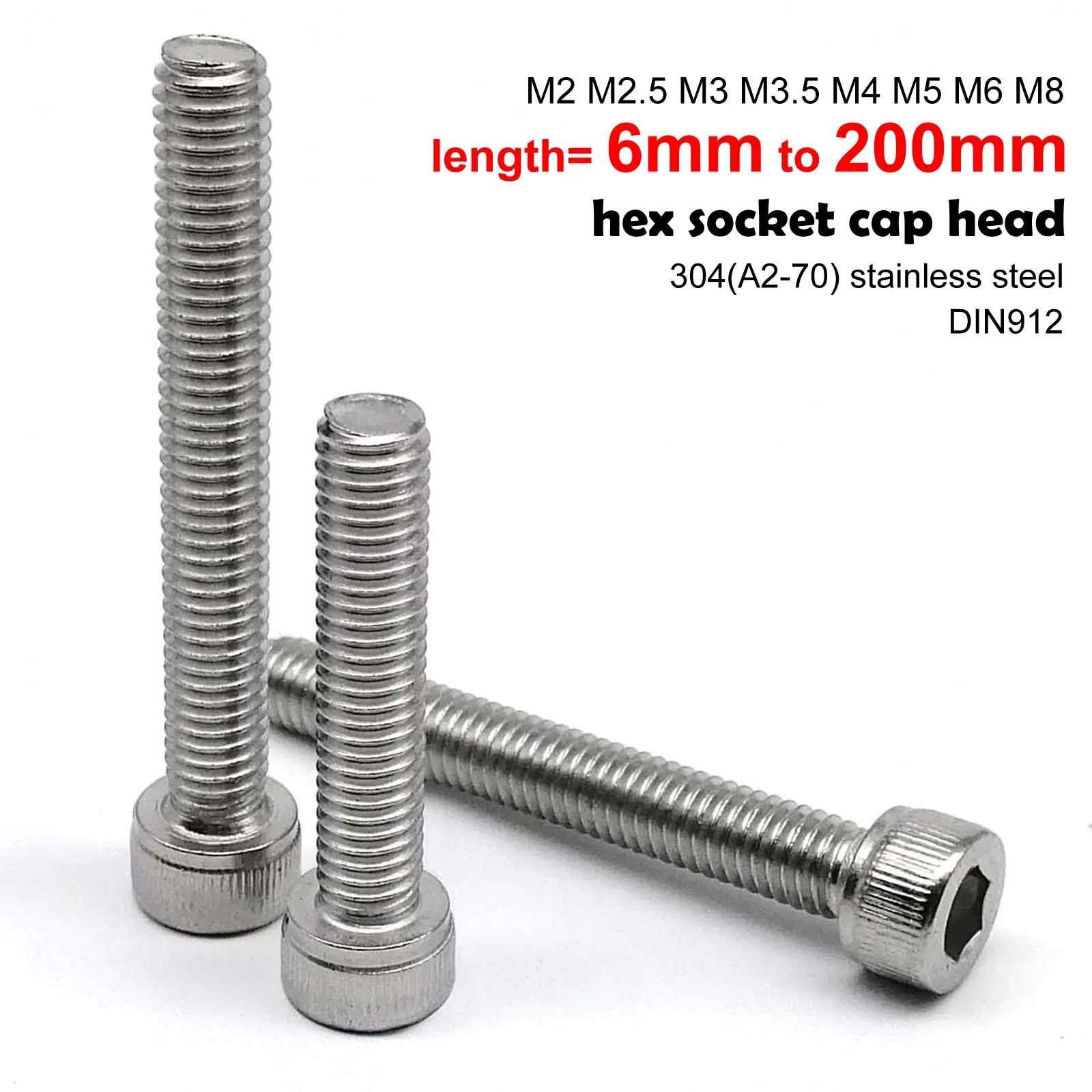 M2 M2.5 M3 M3.5 M4 M5 M6 M8 304 A2 Stainless Steel DIN912 Hexagon H...