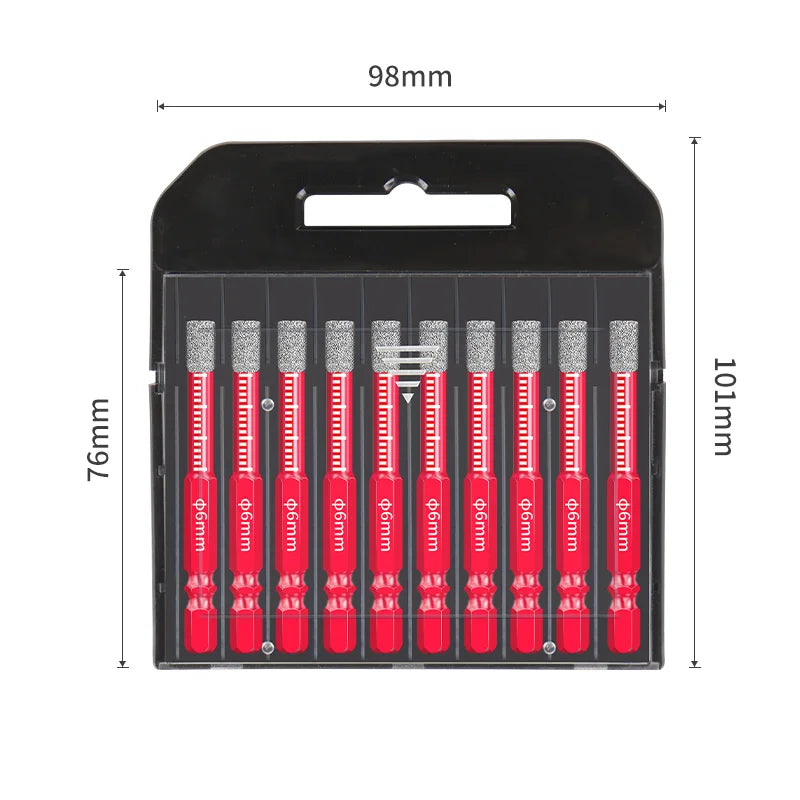 10-Pack 6mm Brazed Dry Diamond Tile Drill Bit — Hex Shank for Ceram