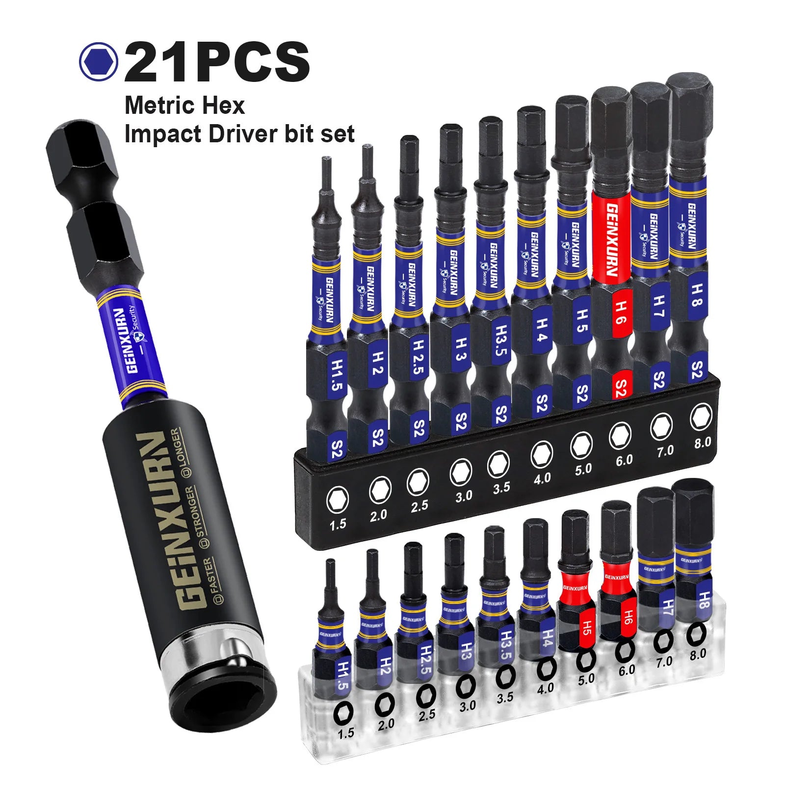 GEINXURN 1 In./2In Metric Hex Head Impact Tough Magnetic Bits Set