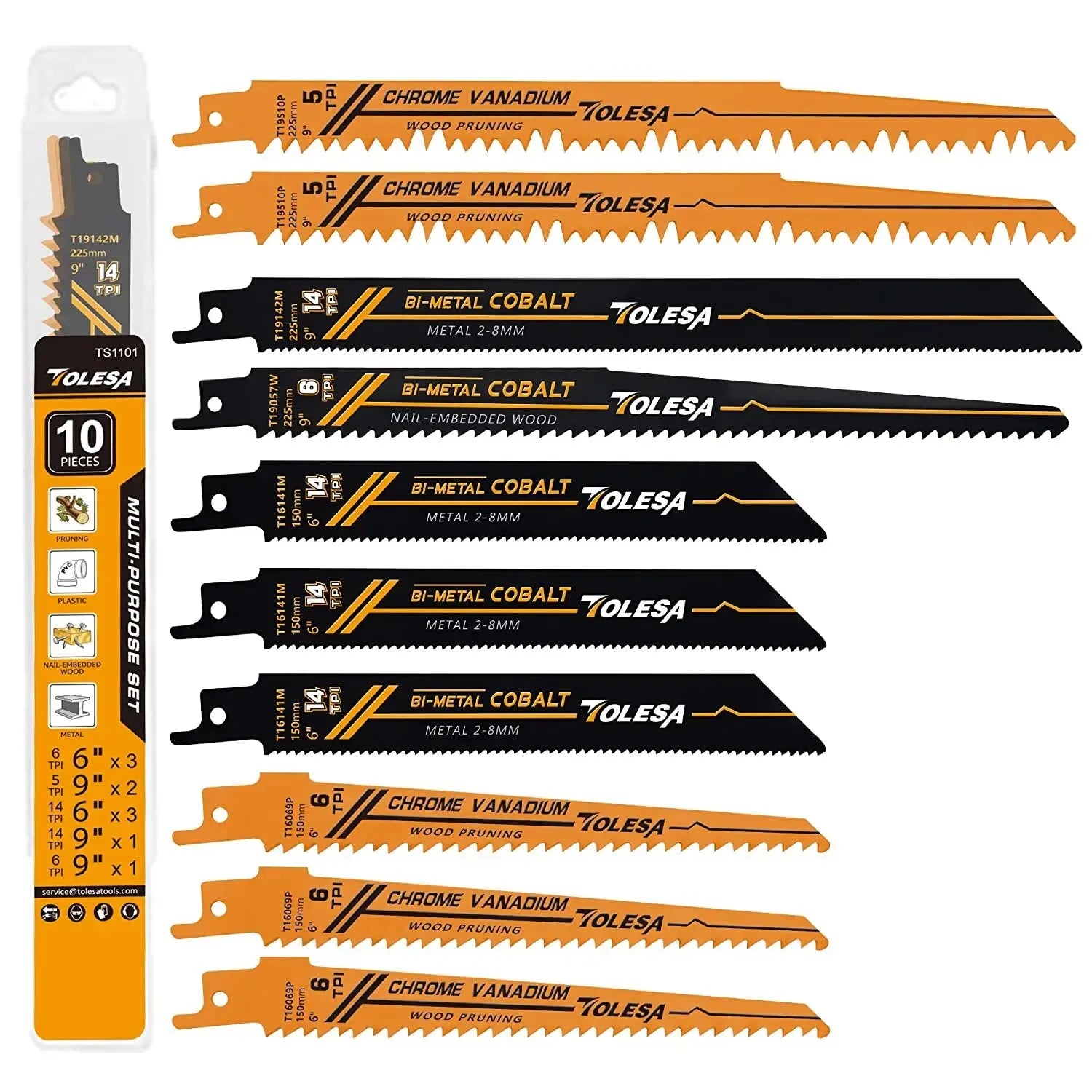 TOLESA 10-Pack Bi-Metal Reciprocating Saw Blades – Wood, PVC & Metal