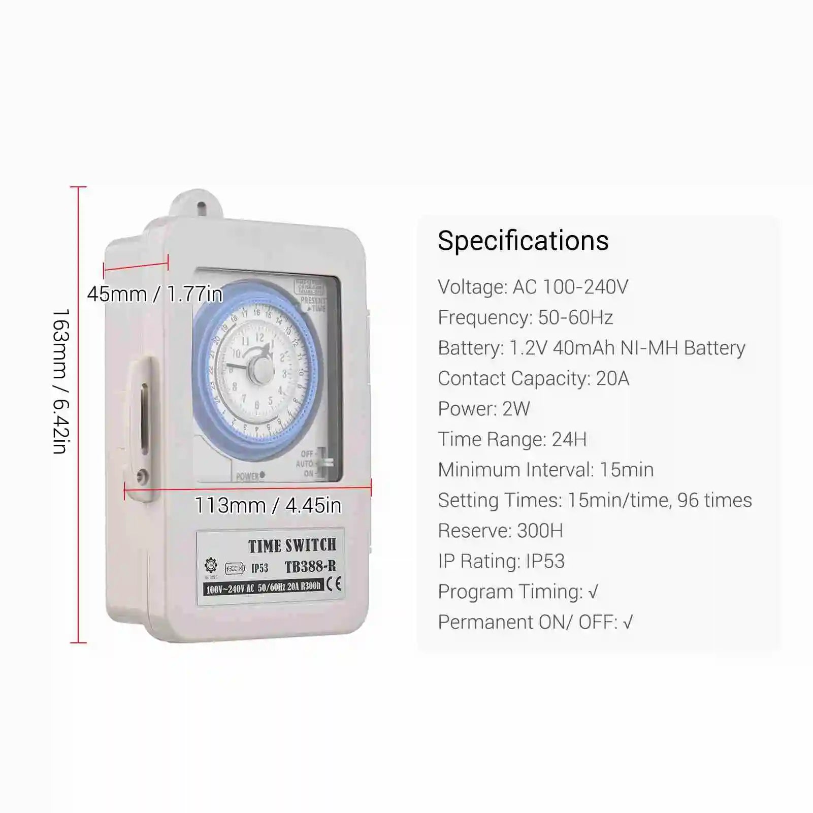 IP53 Mechanical 24hr Timer Switch 96 Settings – AC 100-240V DIN Box
