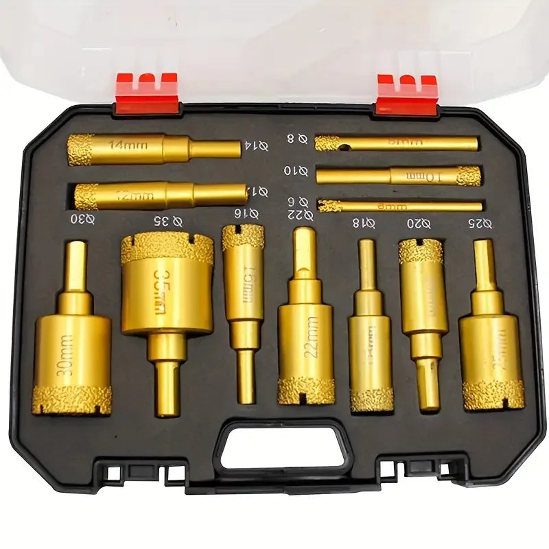 Brazed Diamond Drill Bit Set — 12-Piece 6mm to 35mm for Glass, Cera