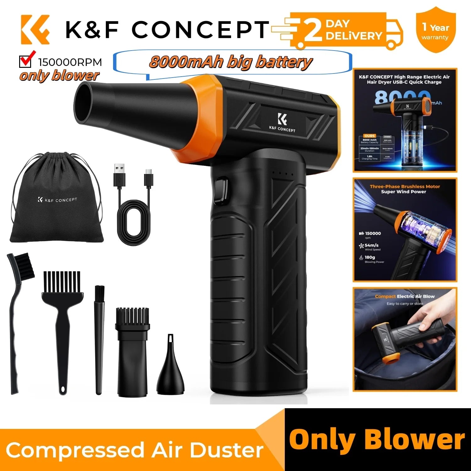 K&F Concept Cordless Electric Air Duster – PC, Laptop & Camera Cleaner