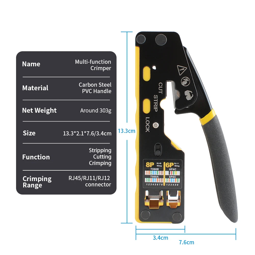 3-in-1 RJ45 Network Crimper – Crimp, Cut & Strip Cat6A/6/5E & RJ11/12