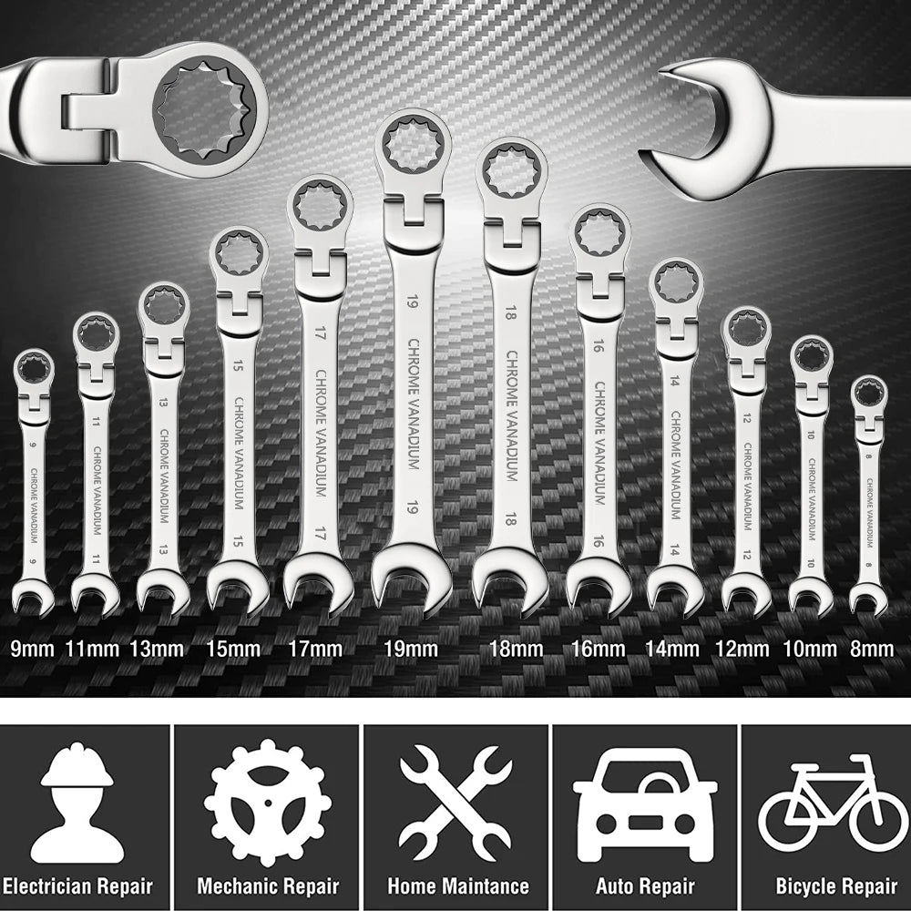 Ratcheting Combination Wrench Set, 6-22mm Metric Flex Head Ratcheting