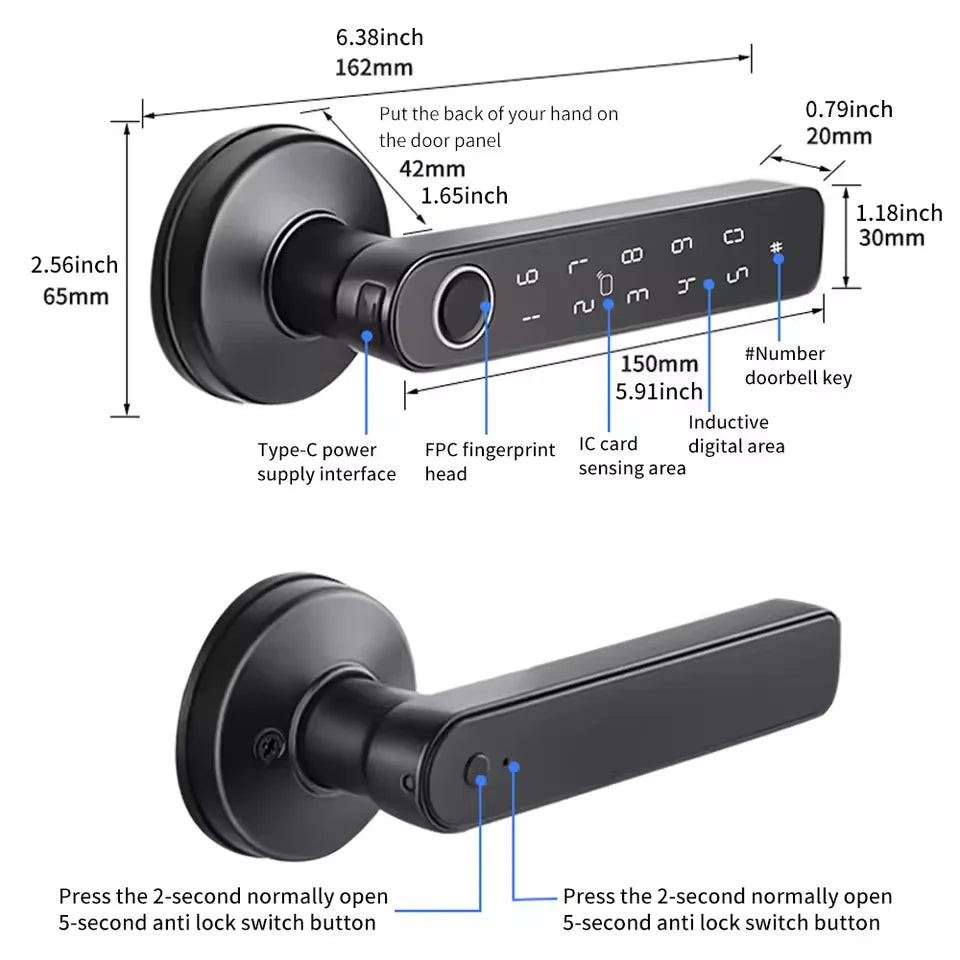 Tuya App Bluetooth Smart Fingerprint Door Lock Password Mechanical