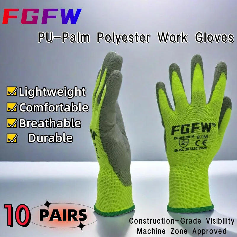 10 Pairs PU Coated Work Gloves - Lightweight