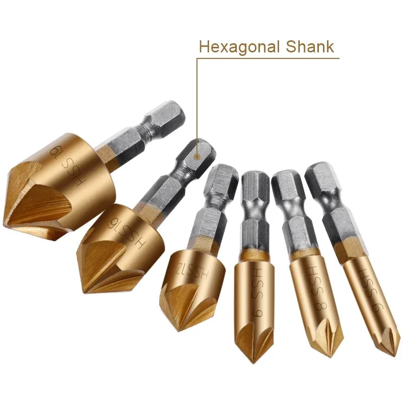6pcs 1/4'' Countersink Drill Bit Set Hex Shank HSS 5 Flute