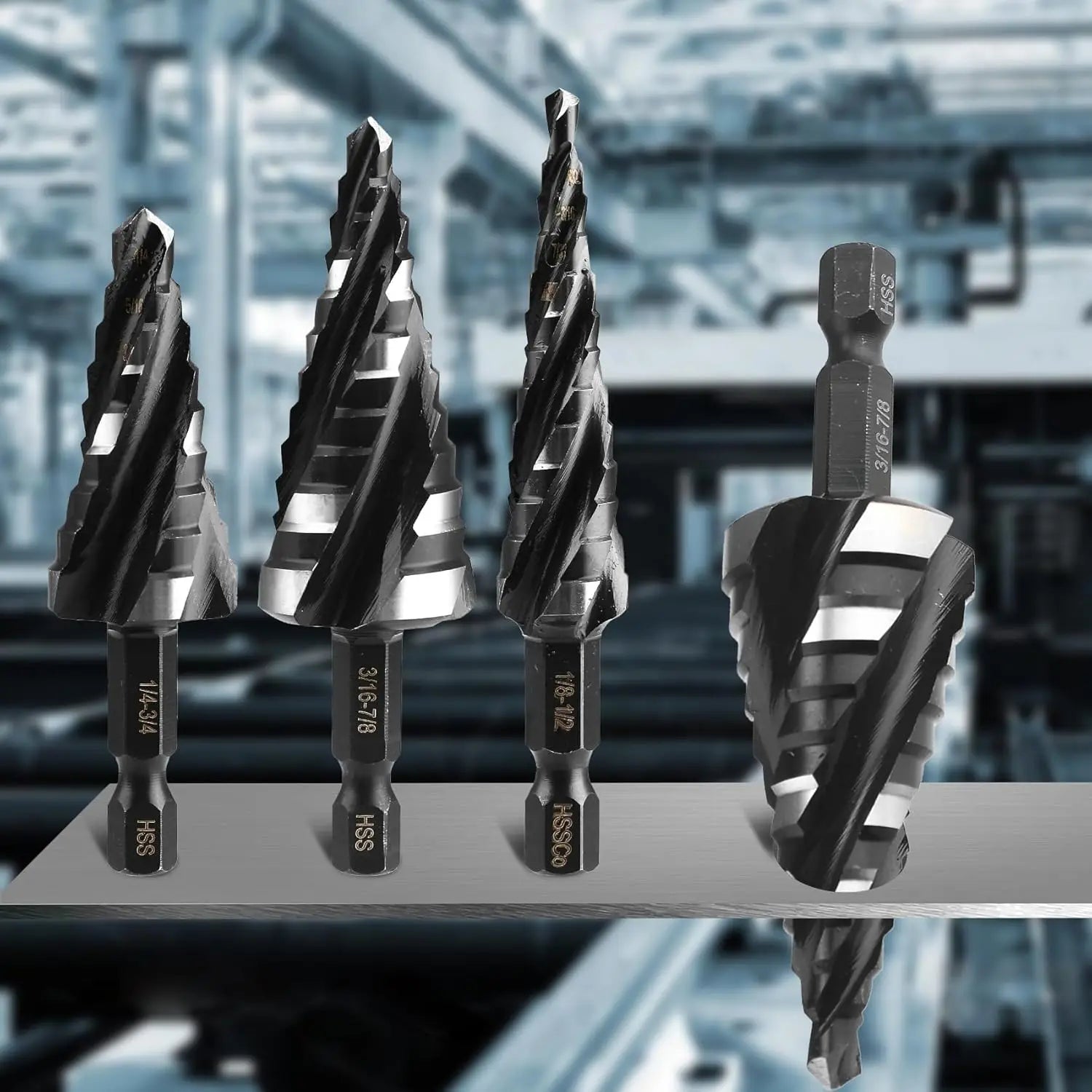 4-Flute Spiral Step Drill Bit Set — 3-Piece or 5-Piece for Metal Sheet
