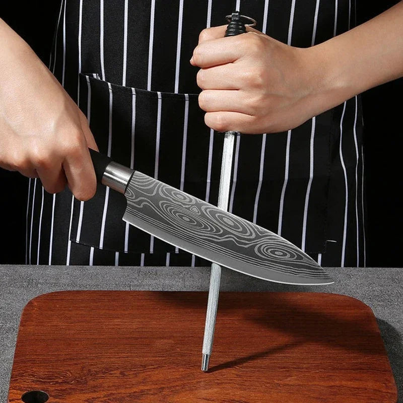 Laser Damascus Pattern Utility Kitchen Knives Scissors Sharpening Rod