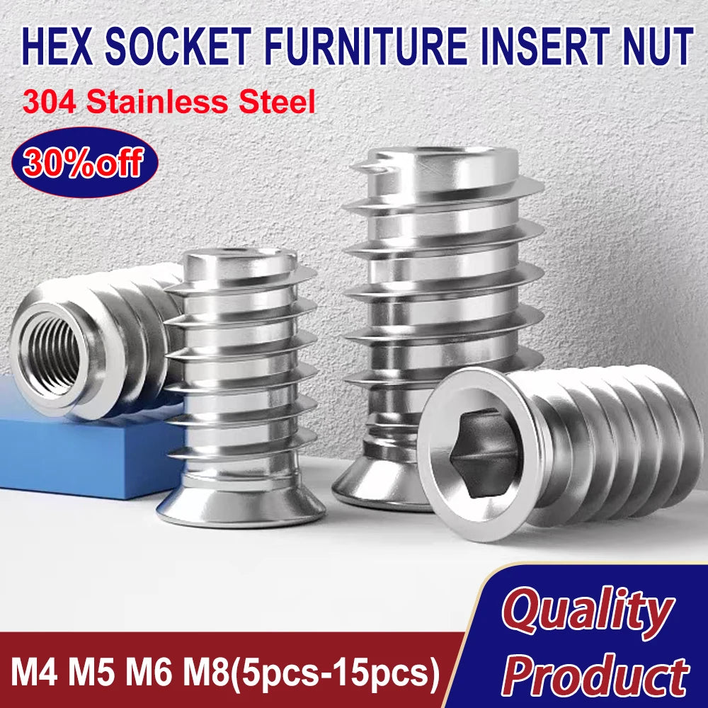304 Stainless Steel Hex Socket Embedded Insert Furniture Nut M4 M5 M6