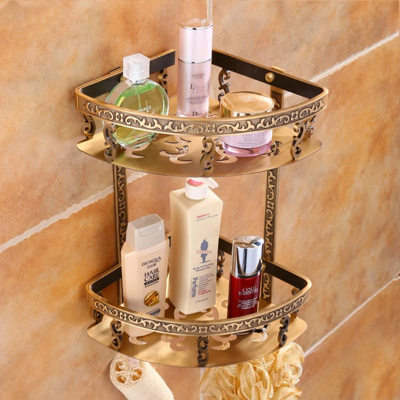 Antique Brass Aluminum Foldable Corner Rack Shelves Toilet Storage