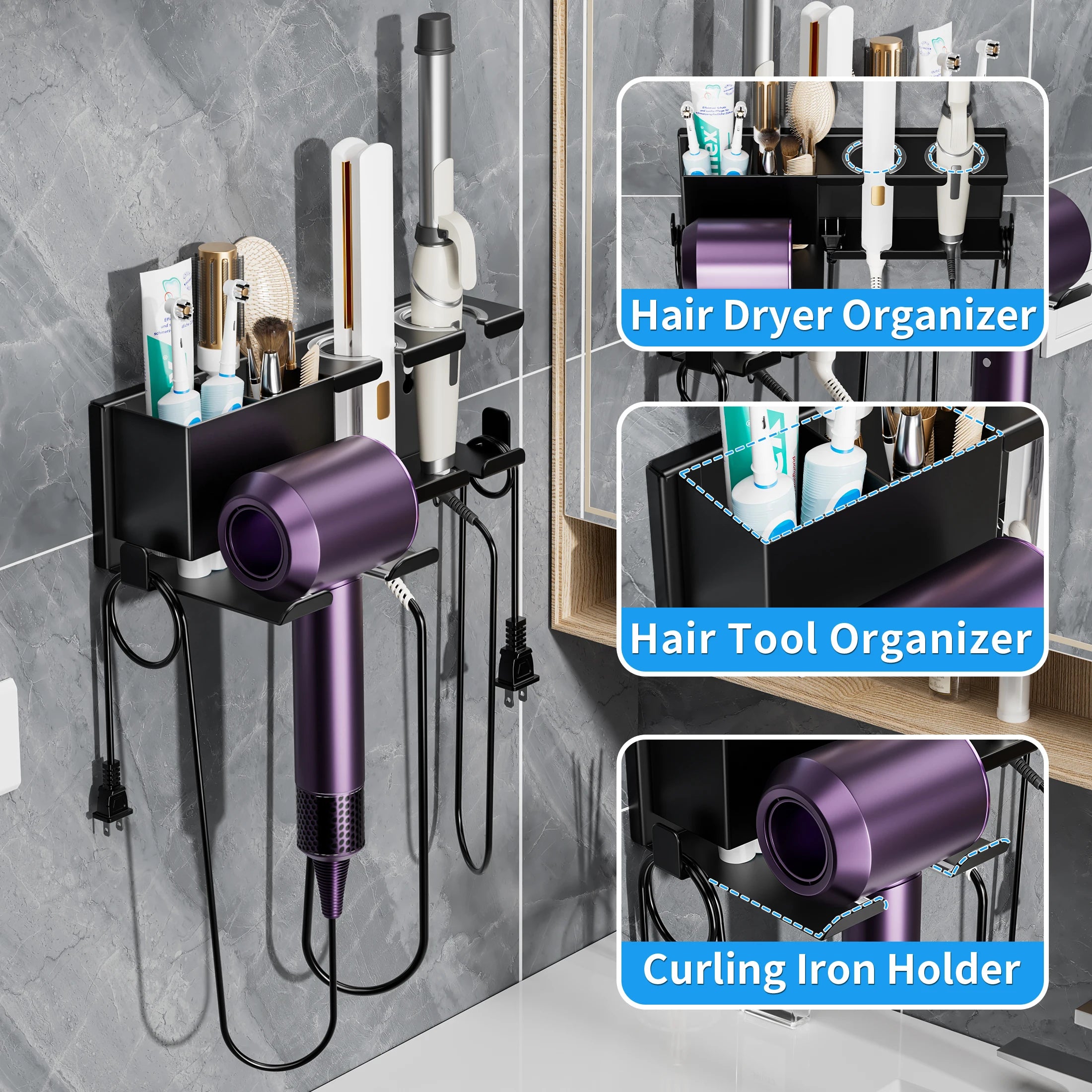Wall Mounted Hair Dryer Holder Stand Space-Saving Blow