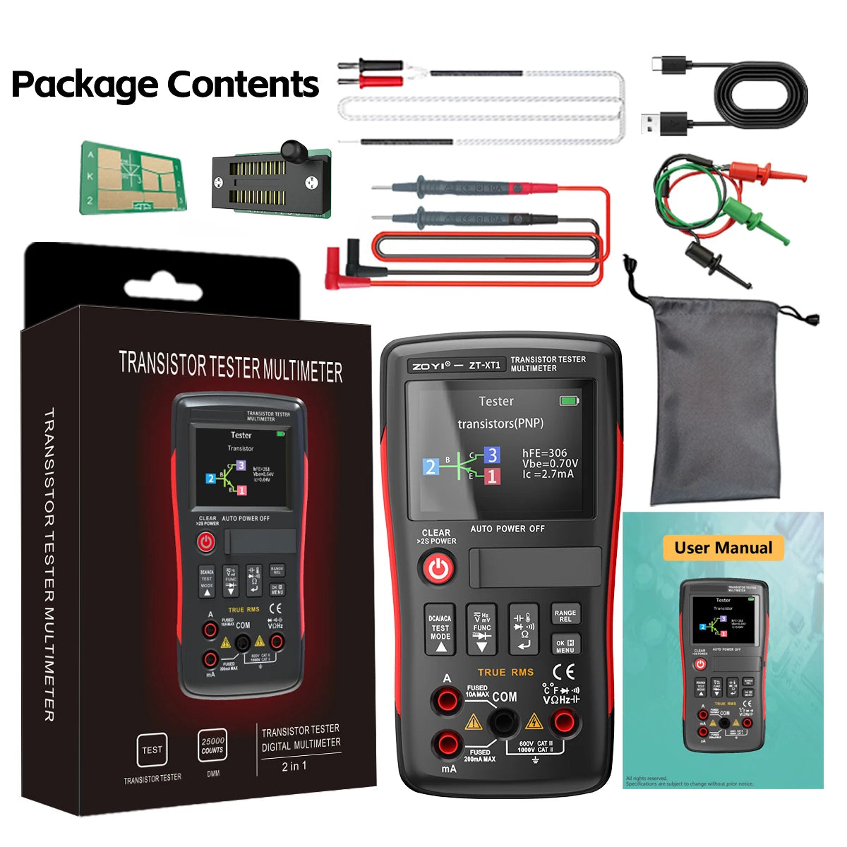 ZOYI ZT-XT1 2-in-1 Transistor Tester Digital Multimeter 25000 Counts