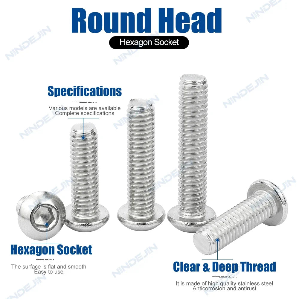 NINDEJIN M2 M2.5 M3 M4 M5 M6 M8 M10 Hexagon Hex Socket Button Head