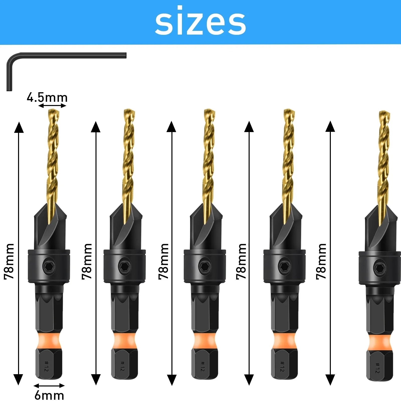 12PCS Countersink Drill Bit Set - #4-#12 Adjustable Wood Boring Bits
