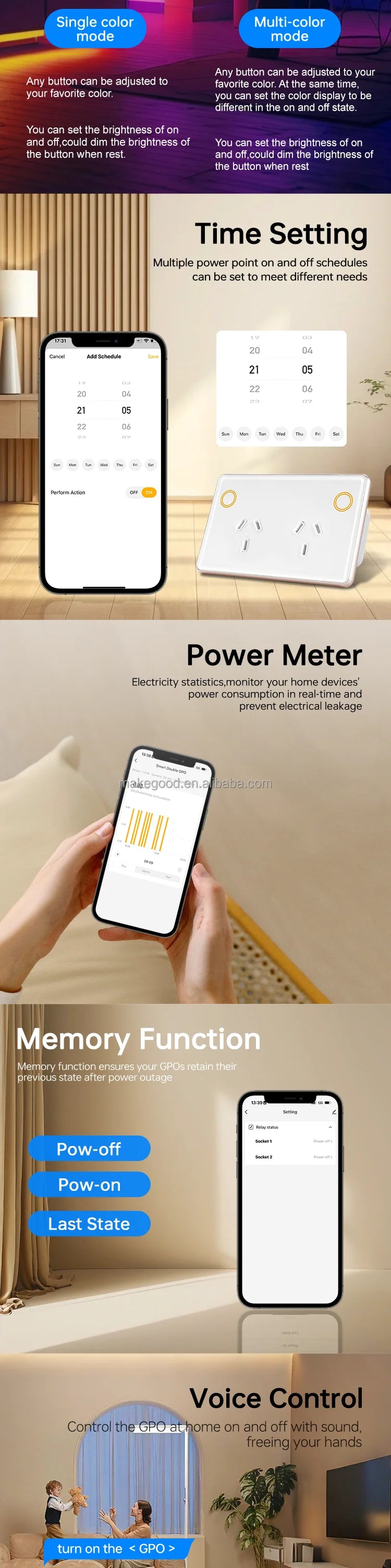 WIFI MakeGood AU Standard Wifi 2.4G 2400W Tempered Glass Panel Tuya