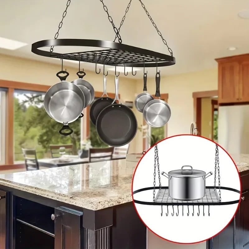Oval Iron Wall-Mounted Kitchen Rack – Pot, Utensil & Seasoning Storage
