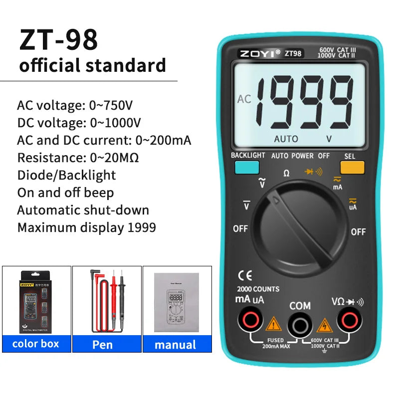 ZOYI Digital Multimeter ZT-98 Auto Range AC and DC Voltage Current
