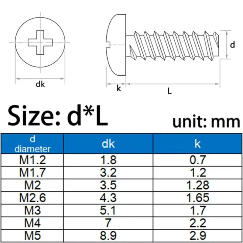 M1 M1.2 M1.7 M2 M2.6 M3 M4 M5 304 Stainless Steel Cross Round Head