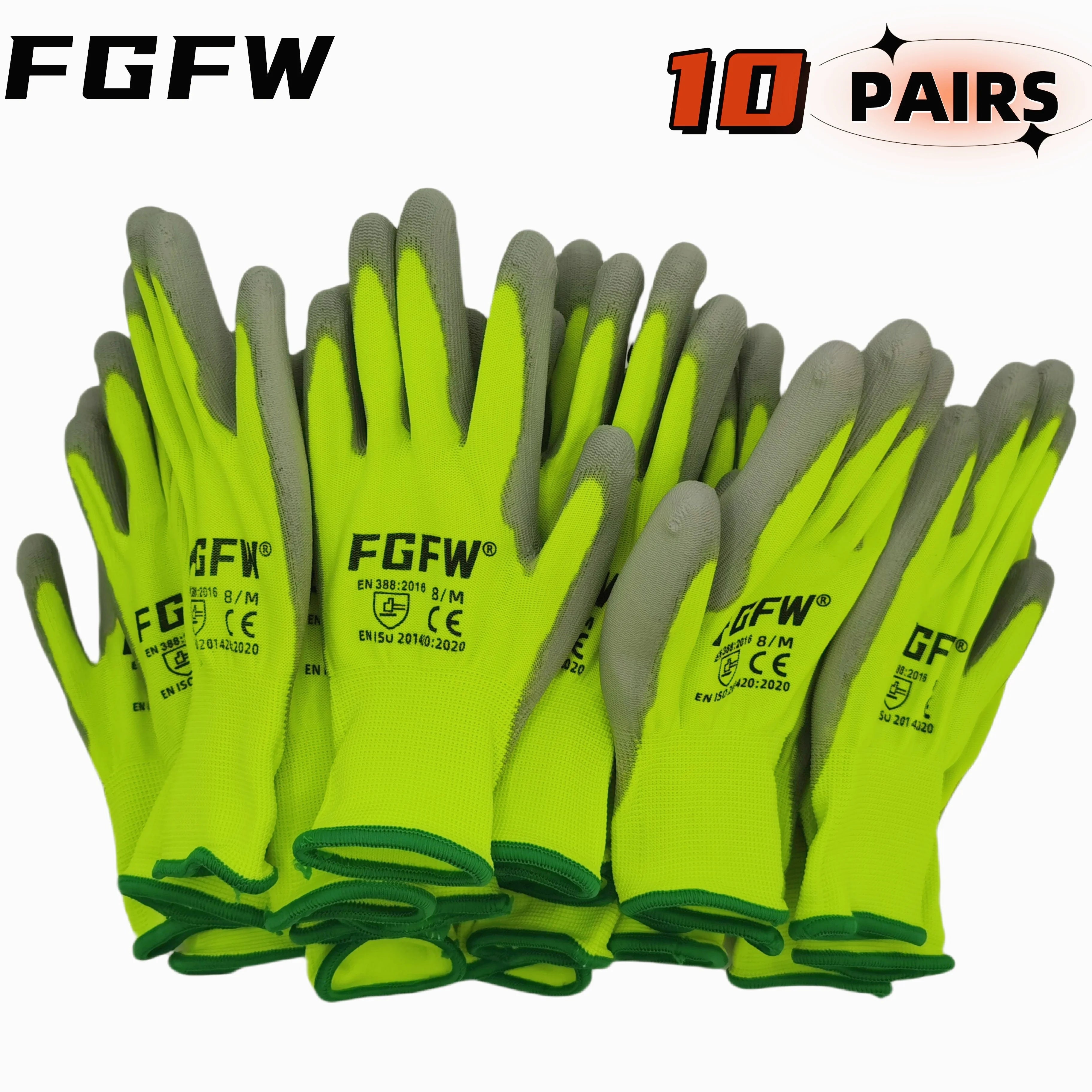 10 Pairs PU Coated Work Gloves - Lightweight
