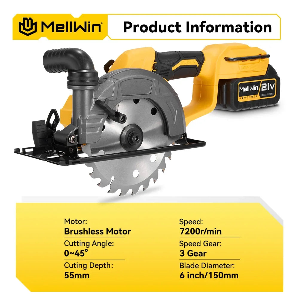 MELLWIN 150mm Brushless Cordless Circular Saw – Makita 18V Compatible