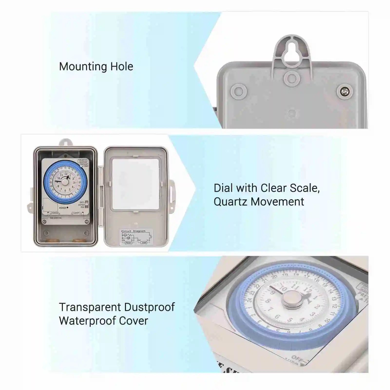 IP53 Mechanical 24hr Timer Switch 96 Settings – AC 100-240V DIN Box