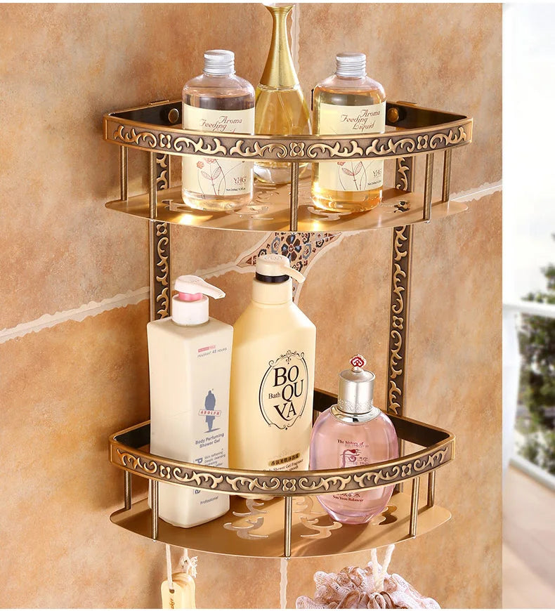 Antique Brass Aluminum Foldable Corner Rack Shelves Toilet Storage