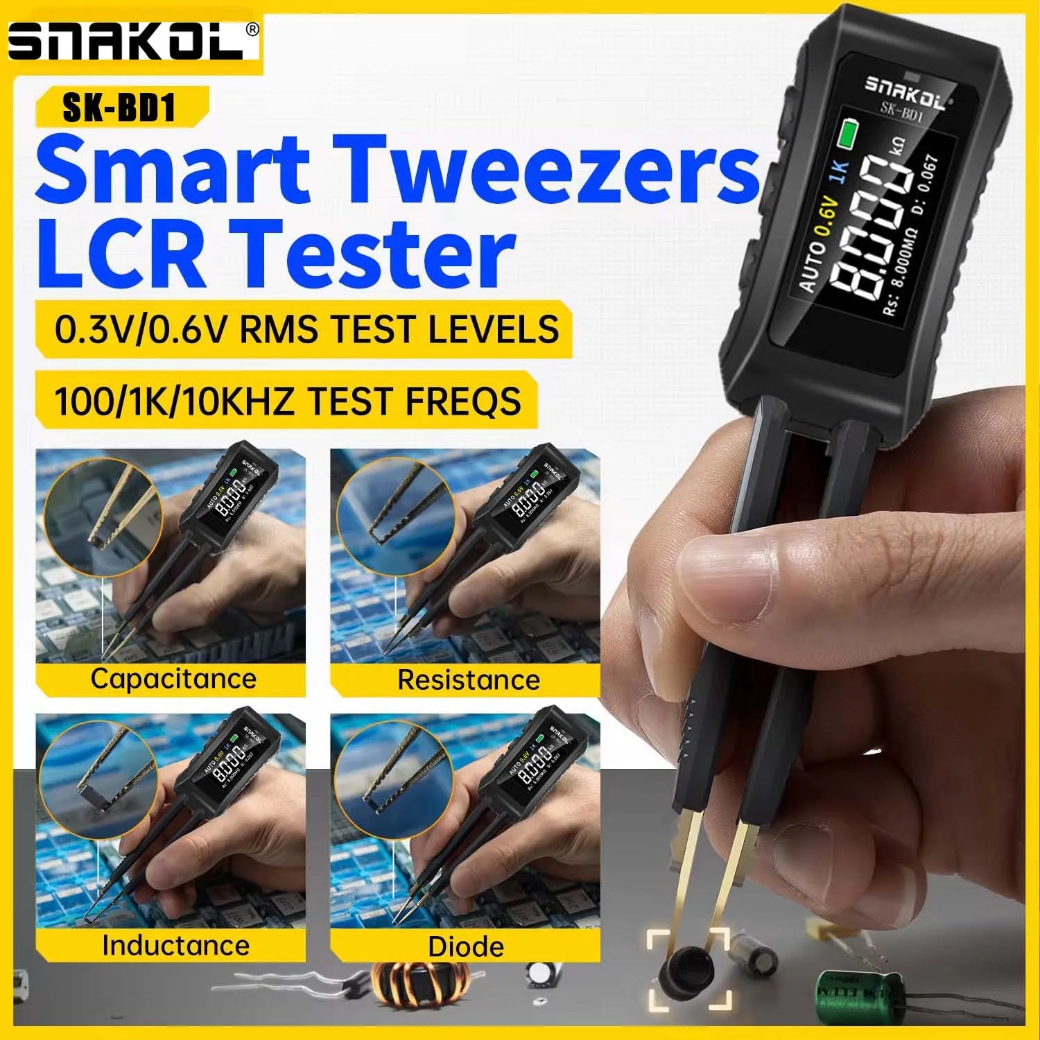 SNAKOL  Digital Tweezers Smart SMD Tester LCR ESR Professional LED