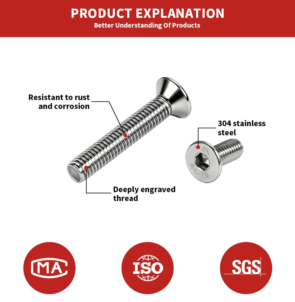 304 Stainless Steel Hexagon Socket Countersunk Head Screw DIN7991 M3