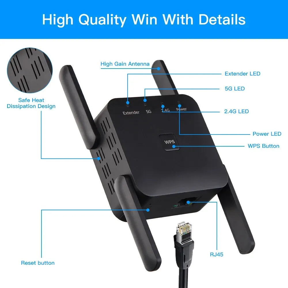 1200Mbps Dual-Band WiFi Repeater & Booster – Home & Office EU/US Plug