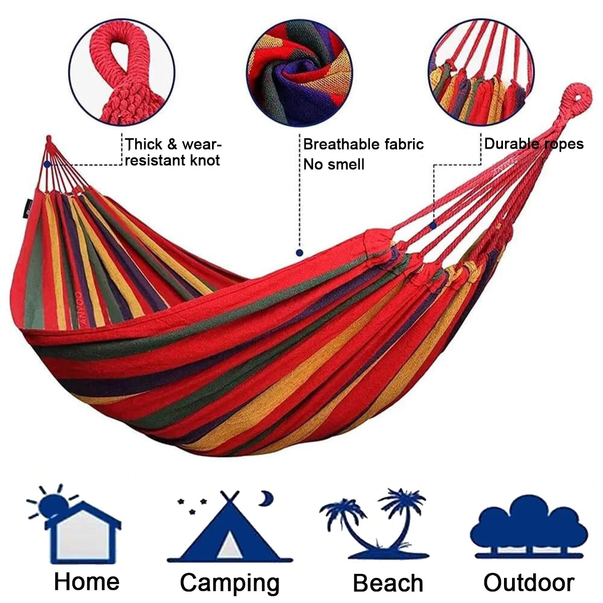 Double Hammock 2-Person Cotton Canvas with Tree Straps – Red/Blue
