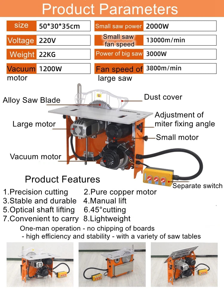 J15 Dust-Free Push Table Saw – Optical Shaft Lift Woodworking No-Chip