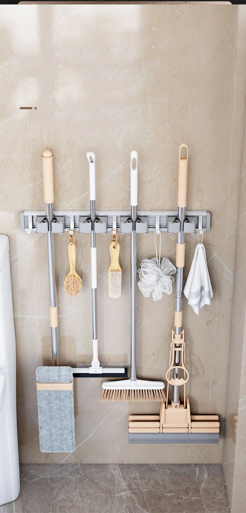 Wall Mounted Mop And Broom Organizer Rack with 5 Hooks Strong Mop