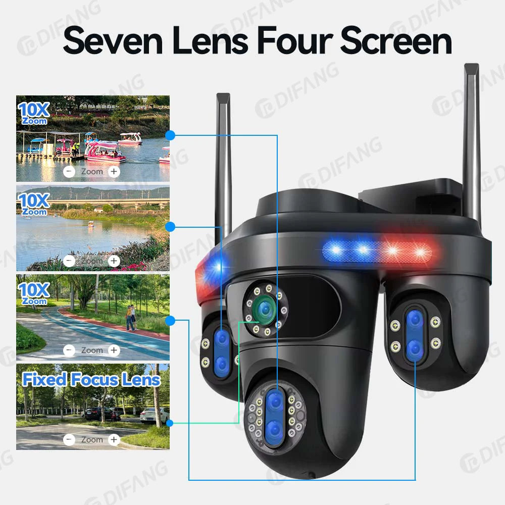 DIFANG 35MP WiFi IP Camera 4 Screens 7 Lens 10X Zoom Outdoor Wireless