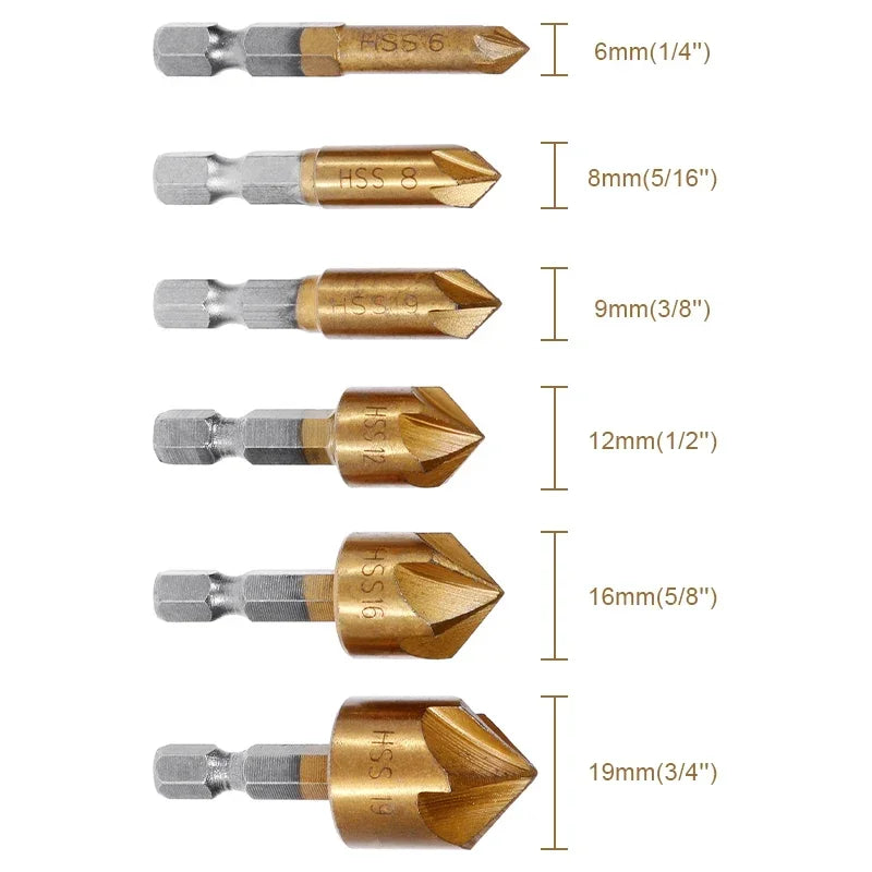 6pcs 1/4'' Countersink Drill Bit Set Hex Shank HSS 5 Flute