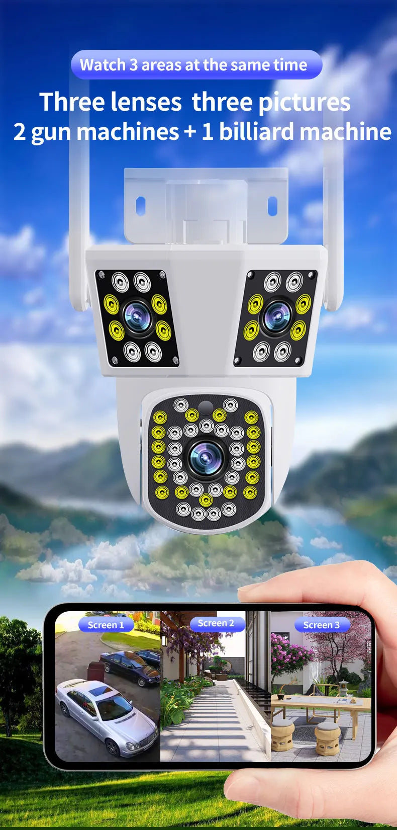 6K 12MP WiFi Outdoor Camera 8X Zoom Three Len Ai Motion Tracking PTZ