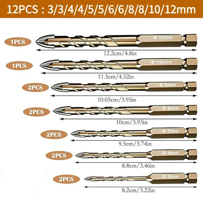 12-Piece Hex Shank Tile, Glass & Masonry Drill Bit Set — 3mm to 12mm