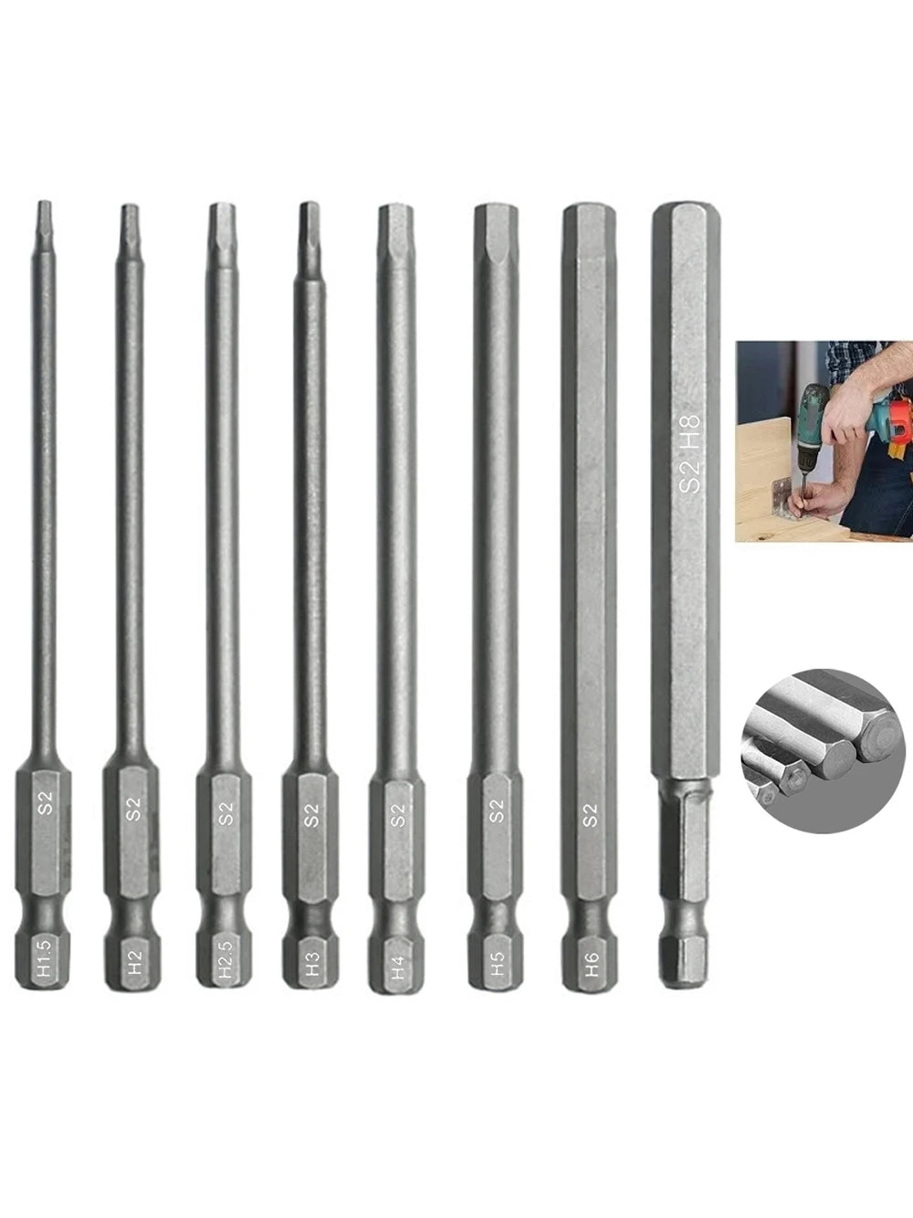8pcs 100mm Hex Head Allen Wrench Drill Bits Set SAE Metric Allen