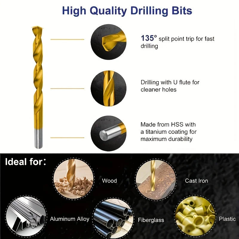 50pcs Titanium Coated High Speed Steel Drill Bits