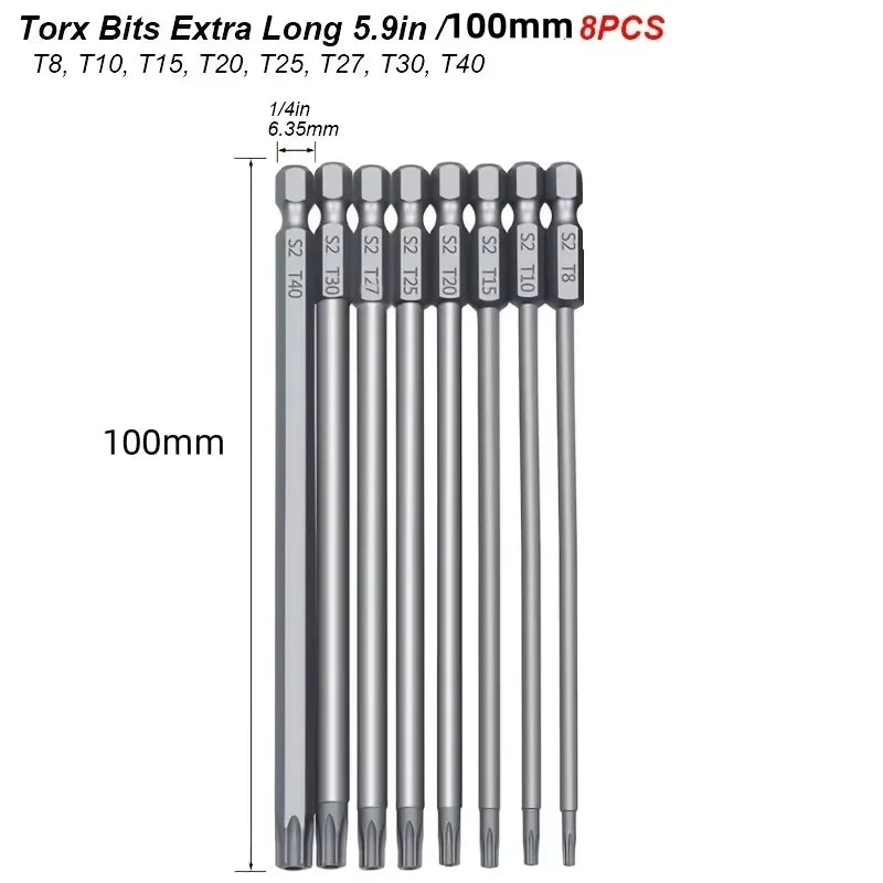 8-Piece S2 Steel Hex Handle Hollow Screwdriver Bit Set — 100mm Long