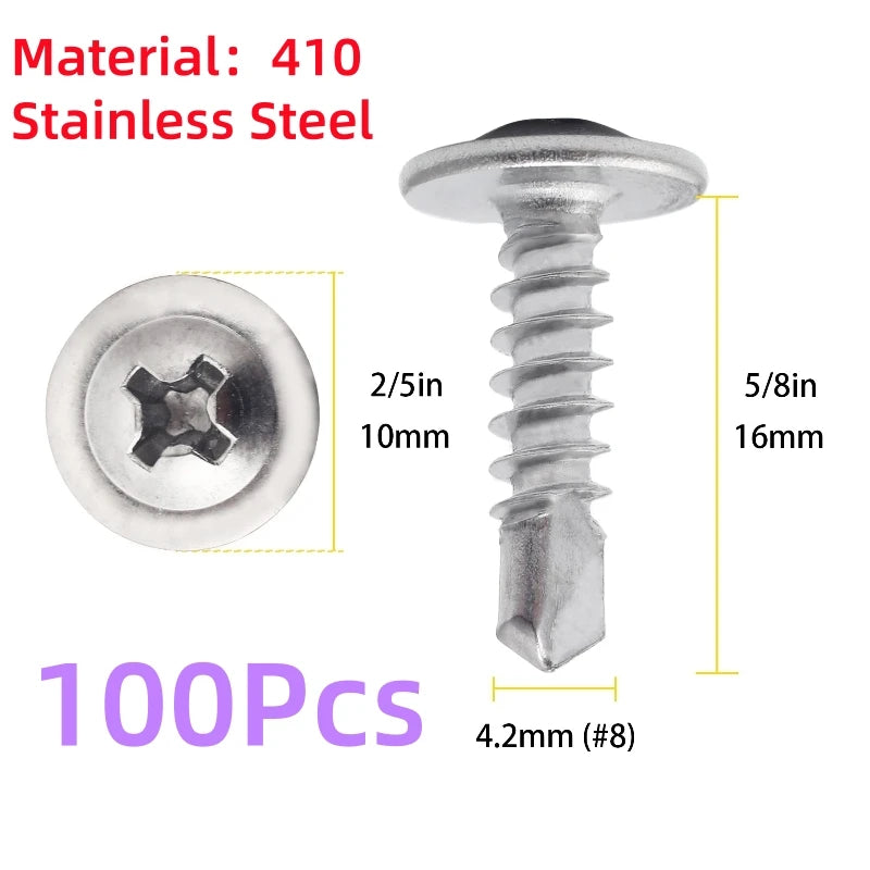 100pcs 410 Stainless Steel Truss Head Self-Tapping Screws