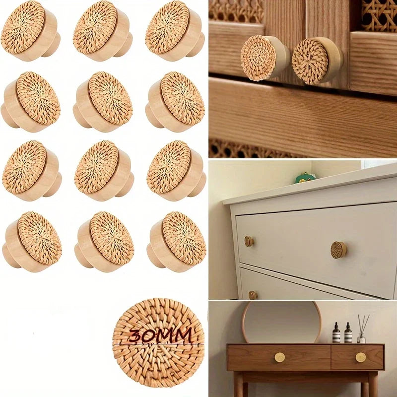 Solid Wood Door Handle Circular Small Rattan Weaving Creative Singl...