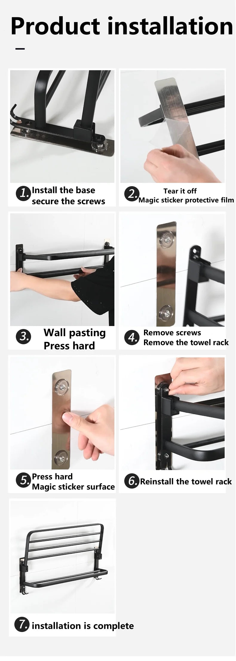 Matte Black 50CM Folding Holder With Hook Towel Holder Wall Mount