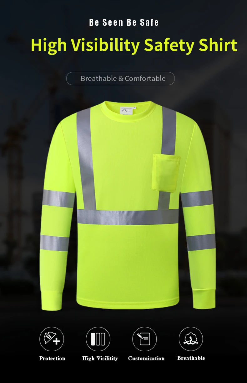 Long Sleeve Safety Shirt High Visibility Reflective Construction Work