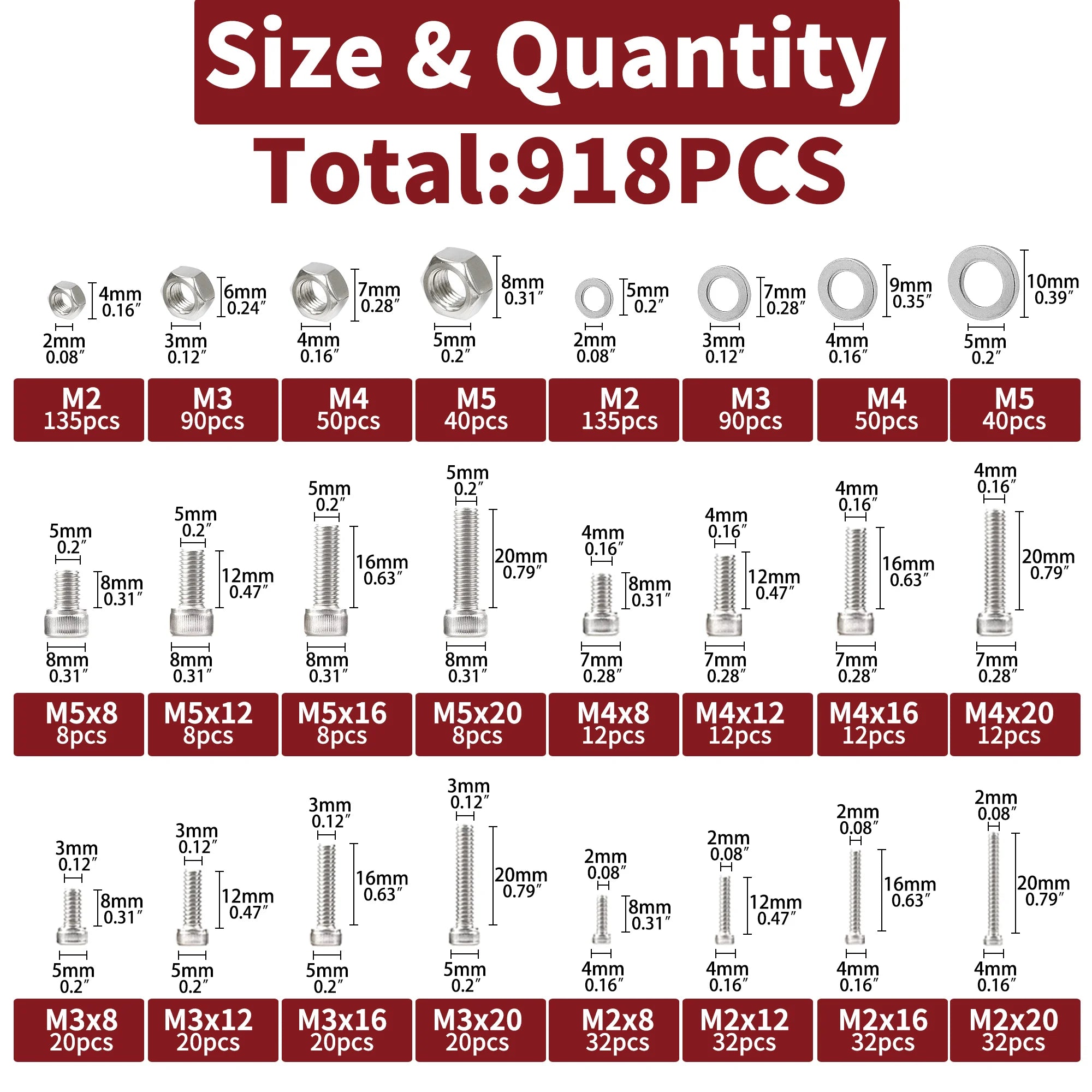 918pcs Nuts and Bolts Assortment Kit - M2, M3, M4